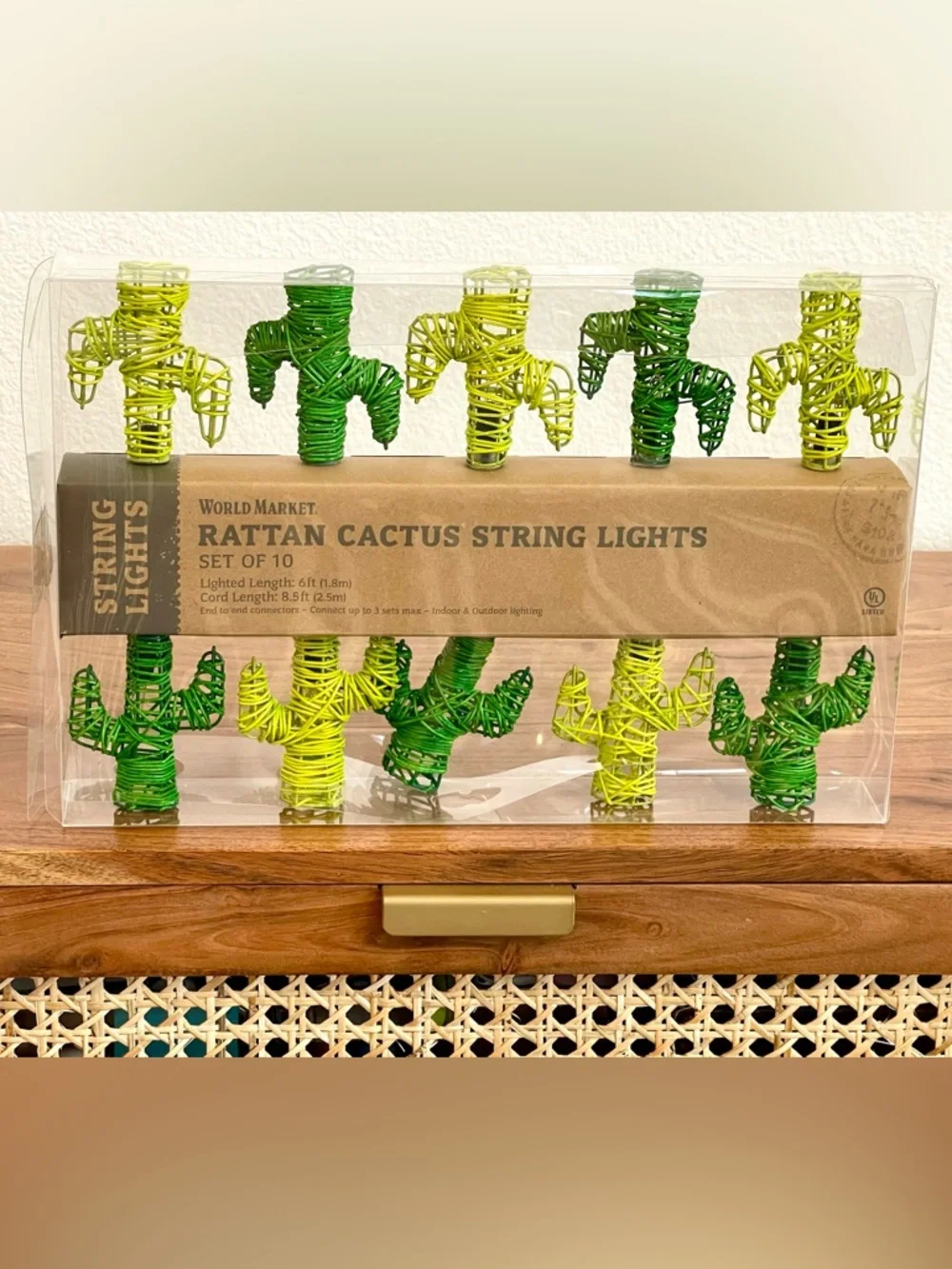 World Market Rattan Cactus String Lights NIB | Boho Desert Patio Indoor Outdoor
